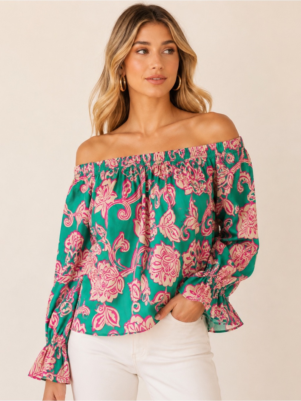 Flying Tomato Vibrant Pink & Green Poplin Off Shoulder Top Size Medium
